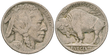 США 5 центов 1927 индеец, бизон KM 134 медно-никель 4614-1118