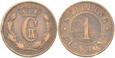 Дания 1 скиллинг-ригсмёнт 1870 Кристиан IX (1863-1906) KM 774 бронза 4621-1011