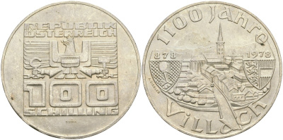 Австрия 100 шиллингов 1978 1100 лет городу Филлах KM 2940 серебро UNC 02-118-43