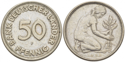 ФРГ 50 пфеннигов 1949 F KM 104, J. 379 медно-никель 112-938