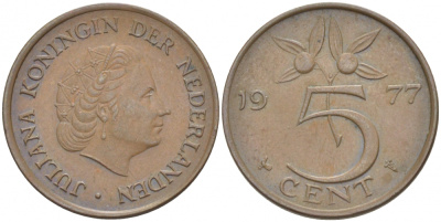 Нидерланды 5 центов 1977 Юлиана (1948-1980) KM 181 бронза 214-231
