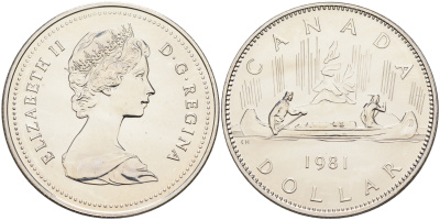 Канада 1 доллар 1981 Елизавета II (1952-2022), каноэ KM 120.1 никель  UNC  4578-421