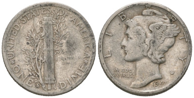 США 10 центов (дайм) 1943 S KM 140 серебро 3334-1262