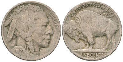 США 5 центов 1927 индеец, бизон KM 134 медно-никель 4614-1118