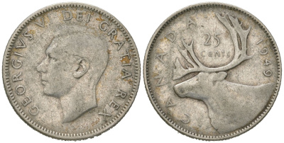 Канада 25 центов 1949 Георг VI (1936-1952), олень KM 44 серебро 4620-337