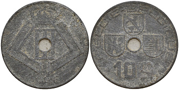 Бельгия 10 сантимов 1946 Belgie - Belgique, Леопольд III (1934-1947), германская оккупация, Вторая мировая война KM 126 цинк 4161-353