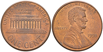 США 1 ЦЕНТ 1998 ЛИНКОЛЬН KM 201b цинк плакированный медью UNC 63-326