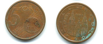 ИСПАНИЯ 5 ЕВРОЦЕНТОВ 2003 KM 1042 сталь плакированная медью 29-1166