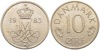 Дания 10 эре 1983 R; B, Маргрете  II (1972-2024) KM 860.3 медно-никель 116-255