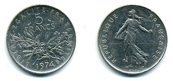 ФРАНЦИЯ 5 ФРАНКОВ 1974 СЕЯТЕЛЬ KM 926a.1, LE FRANC 341.6 медно-никель плакированный никелем 25-722