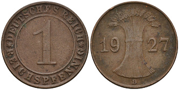 Германия 1 рейхспфенниг 1927 D KM 37, J. 313 бронза 4549-455