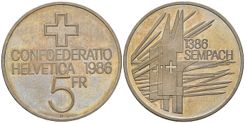 Швейцария 5 франков 1986 B, 600 лет битве при Земпахе KM 65 медно-никель  UNC  4593-1036
