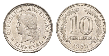 Аргентина 10 сентаво 1958 генерал Хосе де Сан Мартин KM 54 сталь плакированная никелем UNC 4651-967