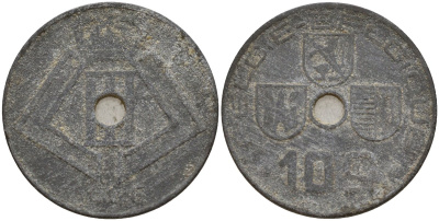 Бельгия 10 сантимов 1946 Belgie - Belgique, Леопольд III (1934-1947), германская оккупация, Вторая мировая война KM 126 цинк 4161-353