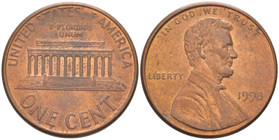 США 1 ЦЕНТ 1998 ЛИНКОЛЬН KM 201b цинк плакированный медью UNC 63-326