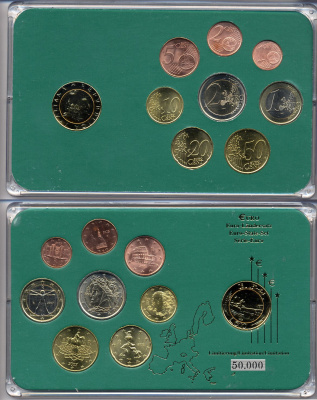 Италия евронабор от 1 евроцента до 2 евро  включает 500 лир 1993, планшет  биметалл, медно-никель  UNC  3-6-5-10