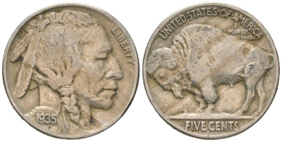 США 5 центов 1935 индеец, бизон KM 134 медно-никель 4614-1212