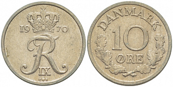 ДАНИЯ 10 ЭРЕ 1970 C; S, ФРЕДЕРИК IX (1947-1972) KM 849.1 медно-никель UNC 3718-345
