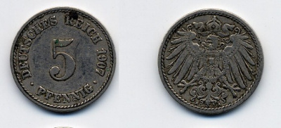 ГЕРМАНИЯ 5 ПФЕННИГОВ 1907 A, KM 11, J. 12 медно-никель 84-966