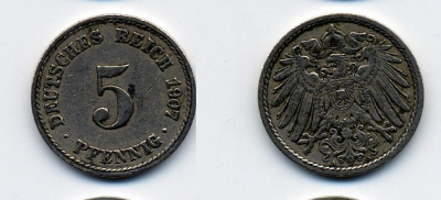 ГЕРМАНИЯ 5 ПФЕННИГОВ 1907 A, KM 11, J. 12 медно-никель 84-1651