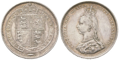 Великобритания 1 шиллинг 1887 Виктория (1837-1901) KM 761, Spink 3926 серебро 68-756