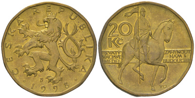 Чехия 20 крон 1998 чешский лев, герцог Вацлав на коне KM 5 сталь плакированная латунью 60-743