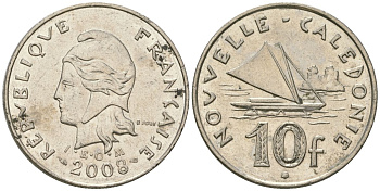 Французская Новая Каледония 10 франков 2008 рыбачья парусная лодка, (IEOM) KM 11a, Schoen 13a, Lec 99k медно-никель 60-754