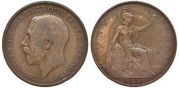 Великобритания 1 пенни 1921 Георг V (1910-1936) KM 810, Spink 4051 бронза 4123-1143