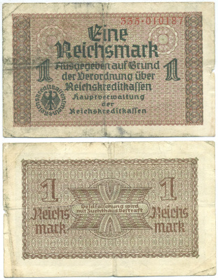 ГЕРМАНИЯ 1 РЕЙХСМАРКА 1940-1945 SERIES 335, ДЛЯ ОККУПИРОВАННЫХ ТЕРРИТОРИЙ Pick R136a бумага 3295-85-3-2
