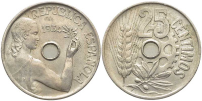 ИСПАНИЯ 25 СЕНТИМО 1934 РЕСПУБЛИКА (1931-1939) KM 751 медно-никель 113-355