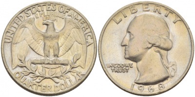 США 25 центов (квотер) 1968 Вашингтон KM 164а медь плакированная медно-никелем 4546-1247