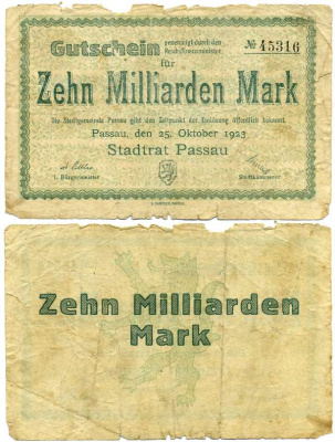 ПАССААУ 10000000000 МАРОК 1923 НОТГЕЛЬД, 10 МИЛЛИАРДОВ, 25 ОКТЯБРЯ 1923, ЗЕМЛЯ БАВАРИЯ бумага 6281-9-1-1