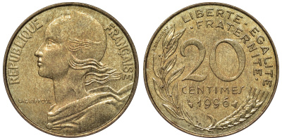Франция 20 сантимов 1996 тип Marianne KM 930, Le Franc 156.40 медь алюминий никель 4128-242