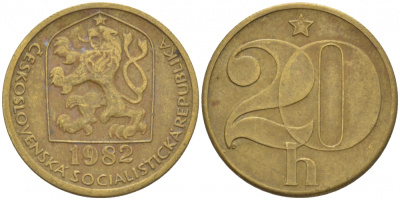 ЧЕХОСЛОВАКИЯ 20 ГЕЛЛЕРОВ 1982 KM 74 латунь 3309-667
