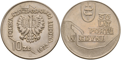 Польша 10 злотых 1972 MW, 50 лет морскому порту в Гдыне KM 65 медно-никель UNC 4161-1131