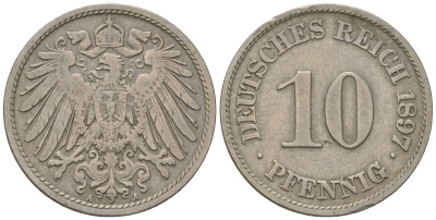 Германия 10 пфеннигов 1897 А KM 12, J. 13 медно-никель 4641-426