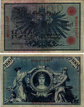 ГЕРМАНИЯ 100 МАРОК 1908 7 ФЕВРАЛЯ 1908, КРАСНАЯ ПЕЧАТЬ, ДЛИННА НОМЕРА СЕРИИ 29 ММ. Pick 33а бумага 7214-38-3-2