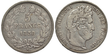 Франция 5 франков 1838 В, Луи Филипп I (1830-1848) KM 749.2 серебро 443-845