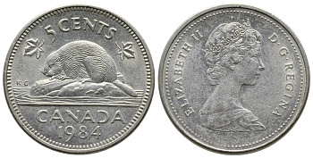 Канада 5 центов 1984 Елизавета II (1952-2022), бобер KM 60.2а медно-никель 4364-2627