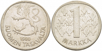 ФИНЛЯНДИЯ 1 МАРКА 1980 K KM 49а медно-никель 3718-826