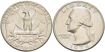 США 25 центов (квотер) 1974 Вашингтон KM 164a медь плакированная медно-никелем 4519-532