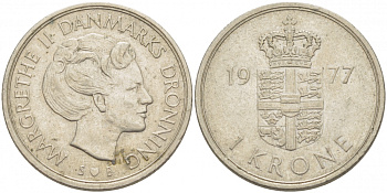 Дания 1 крона 1977 S; B, Маргарете II (1972- ) KM 862.1 медно-никель 213-1223