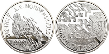 Финляндия 10 евро 2007 175 лет со дня рождения Нильс Адольфа Эрика Норденшёльда, первопроходец Северно-Восточного морского пути KM 134 серебро  PROOF  11-114-11