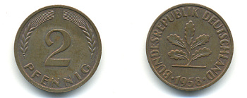 ФРГ 2 ПФЕННИГА 1958 J KM 106, J. 381 бронза 176-664