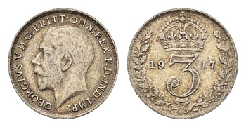 Великобритания 3 пенса 1917 Георг V (1910-1936) KM 813, Spink 4015 серебро 4643-1222