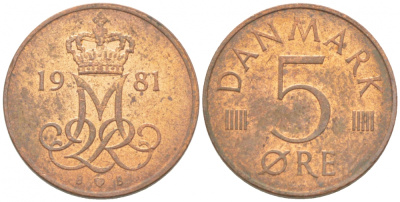 ДАНИЯ 5 ЭРЕ 1981 B; B, МАРГРЕТЕ II (1972-) KM 859.2 железо плакированное медью 3309-128