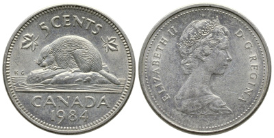 Канада 5 центов 1984 Елизавета II (1952-2022), бобер KM 60.2а медно-никель 4364-2627