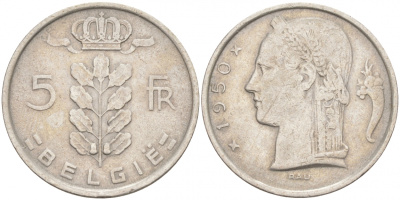 БЕЛЬГИЯ 5 ФРАНКОВ 1950 BELGIE KM 135.1 медно-никель 68-242