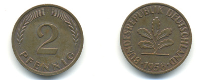 ФРГ 2 ПФЕННИГА 1958 J KM 106, J. 381 бронза 176-664