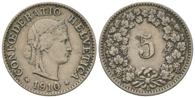 Швейцария 5 раппенов 1910 B KM 26 медно-никель 4160-417